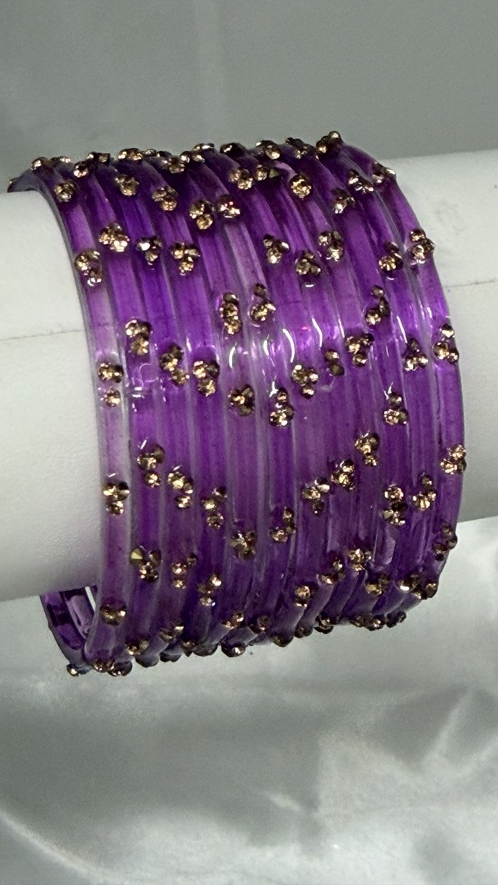 ANML - Purple Glass Bangle Set with Gold Ghungroo Latkan Kadas