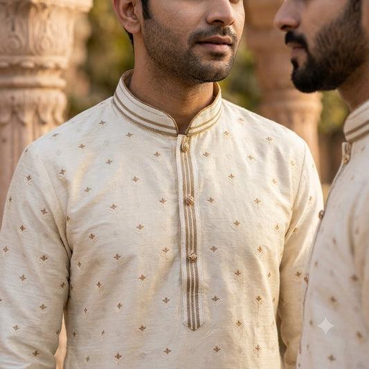 A2- Men’s Cream & Gold Jacquard Kurta Pajama Set with Antique Gold Churidar - Zenia Creations