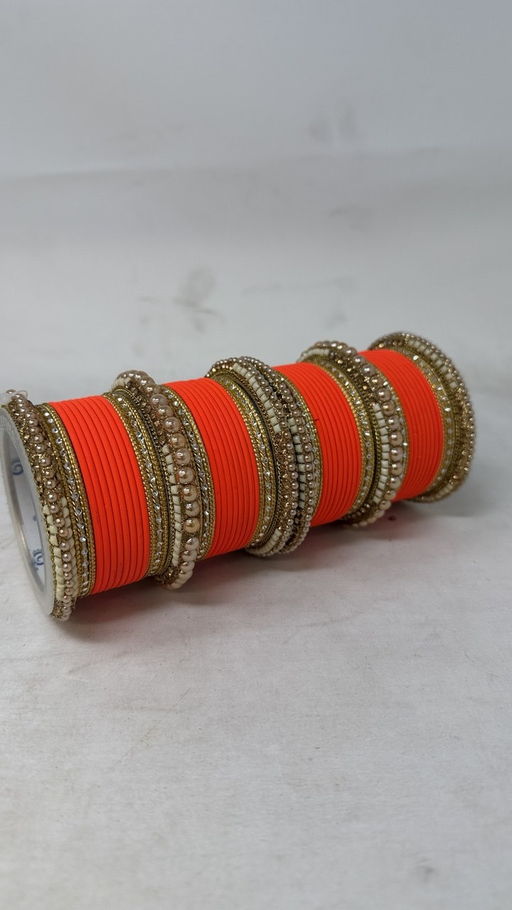 1186- Orange Velvet Bangle Set for Both Hands – Antique Gold Bridal