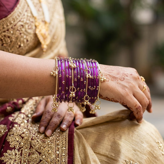 ANML - Jamuni Glass Bangle Set with Gold Ghungroo Latkan Kadas