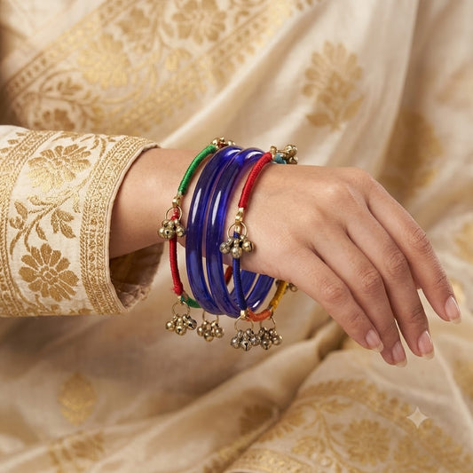 GMK - Multicolor Silk Thread Kashmiri Bangle Set with Gold Ghungroo Bells (Set of 8)