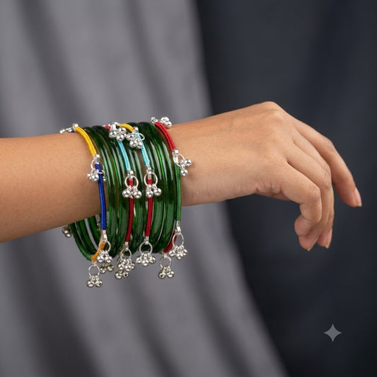 KK - Green Glass Bangle Set with Kashmiri Ghungroo Bangles Thread-Wrapped Jingle Charms