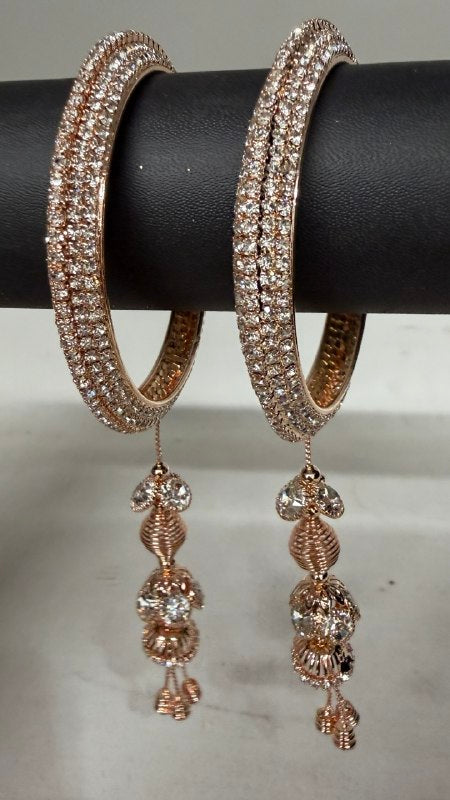 1798RG - Rose Gold Plated Micro-Pave CZ Crystal Bangle Kada Pair with Latkan
