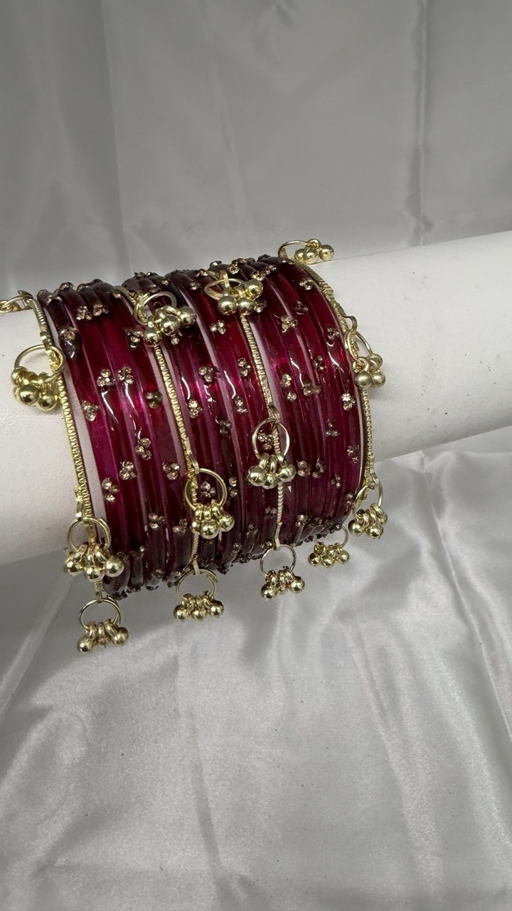ANML - Wine Red Glass Bangle Set with Gold Ghungroo Latkan Kadas