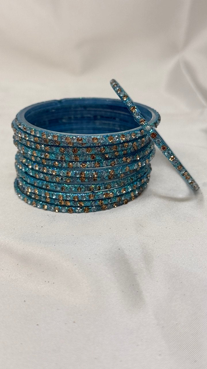 GlitStonB - Surf Glass Bangle Set with Golden Champagne Stone Work