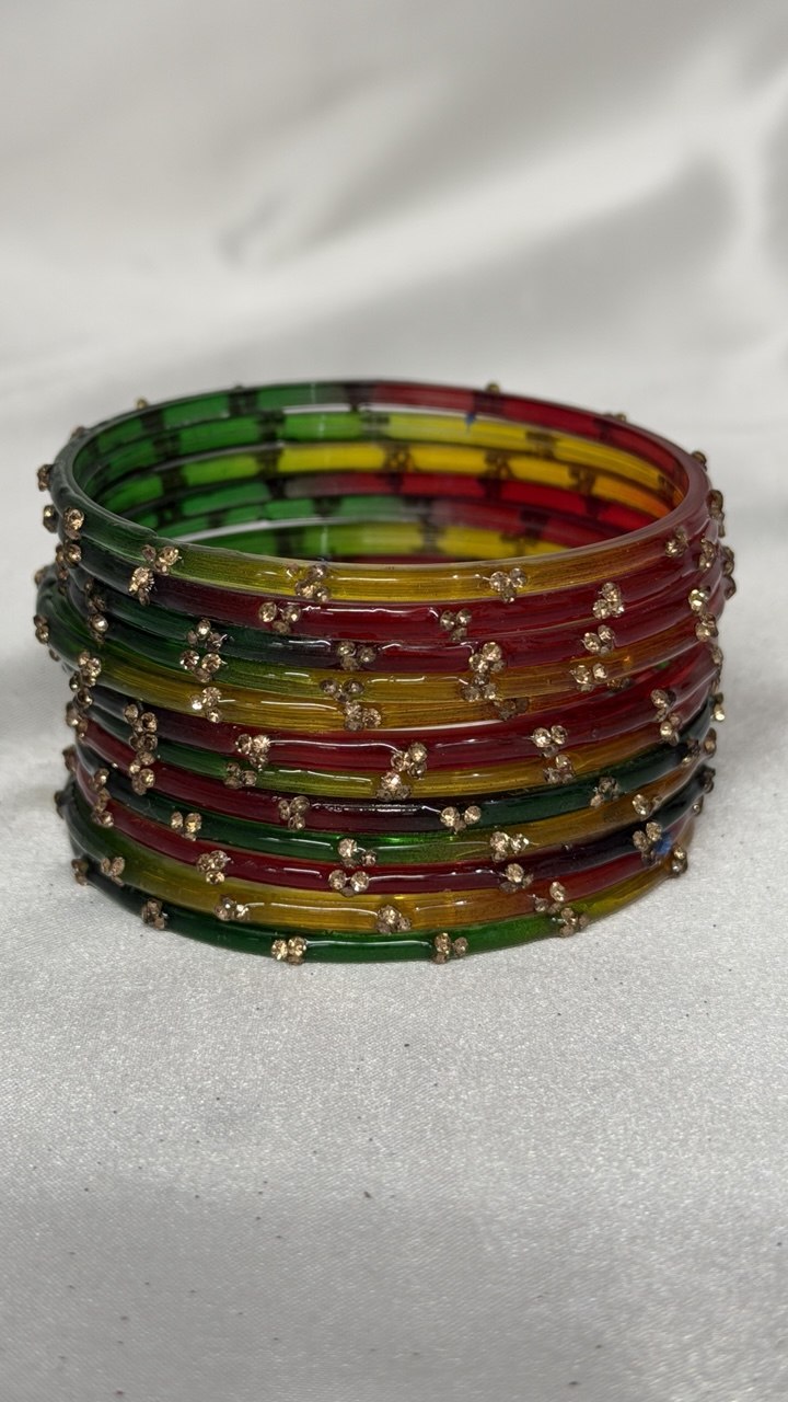ANML - LPH Multicolor Glass Bangle Set with Gold Ghungroo Latkan Kadas (Copy)