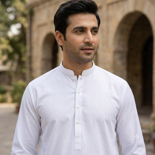 M7 - Men’s Plain Pure White Cotton Kurta Pajama Set with White Churidar - Zenia Creations
