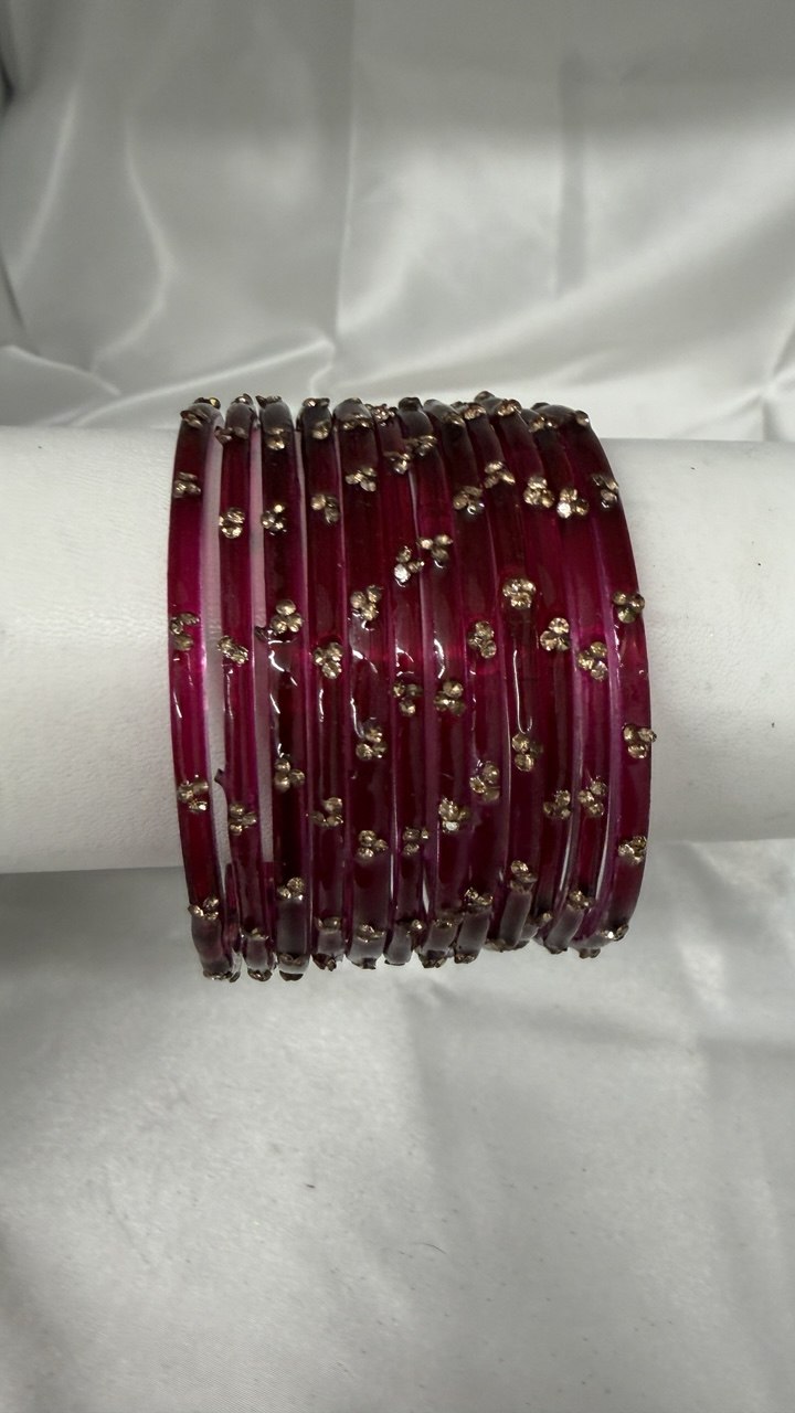 ANML - Wine Red Glass Bangle Set with Gold Ghungroo Latkan Kadas