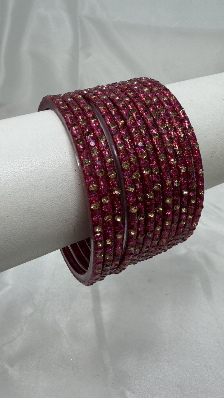 GlitStonB - Strawberry Glass Bangle Set with Golden Champagne Stone Work