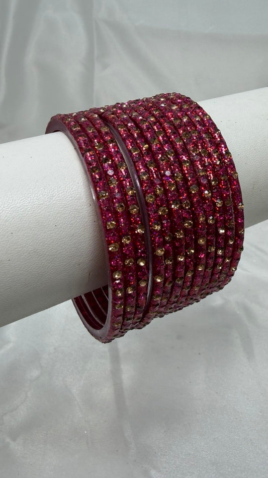 GlitStonB - Strawberry Glass Bangle Set with Golden Champagne Stone Work