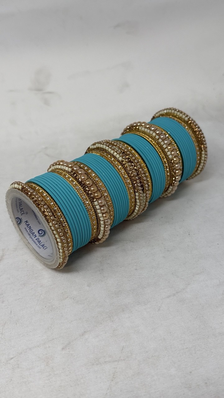1186- Blue Velvet Bangle Set for Both Hands – Antique Gold Bridal