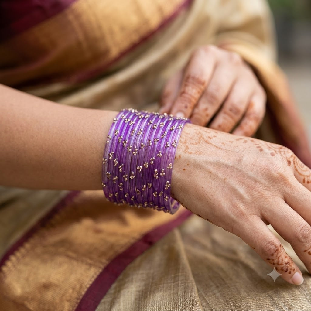 ANML - Purple Glass Bangle Set with Gold Ghungroo Latkan Kadas