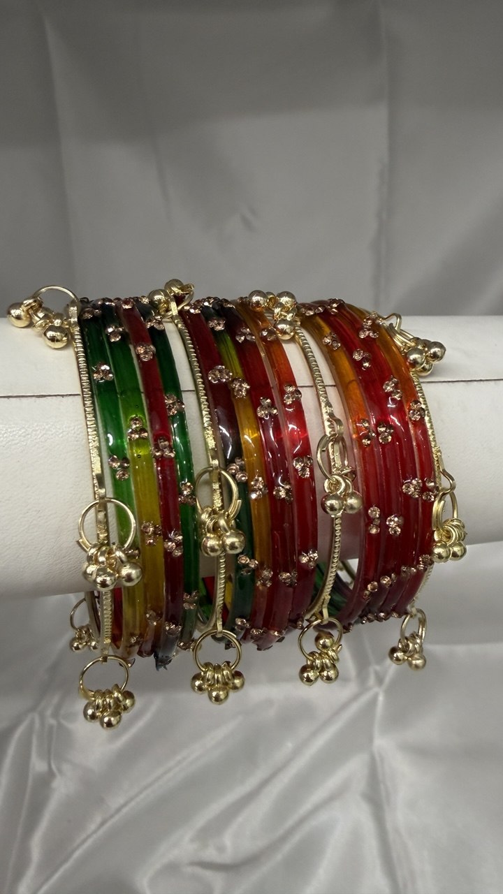 ANML - LPH Multicolor Glass Bangle Set with Gold Ghungroo Latkan Kadas (Copy)