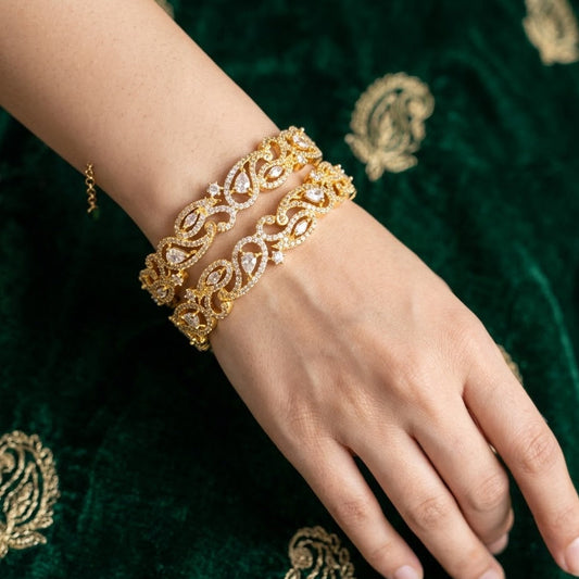 WAD17 - Gold-Plated Paisley Mesh Kadas – Intricate American Diamond Bangle Set - Zenia Creations
