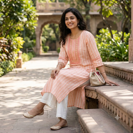 Kur-V3 Women’s Peach Striped Cotton Straight Kurti – Embroidered Yok