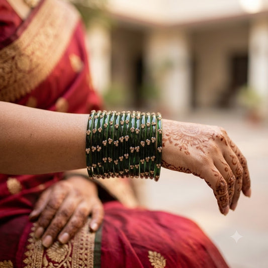 ANML - Dark Green Glass Bangle Set with Gold Ghungroo Latkan Kadas