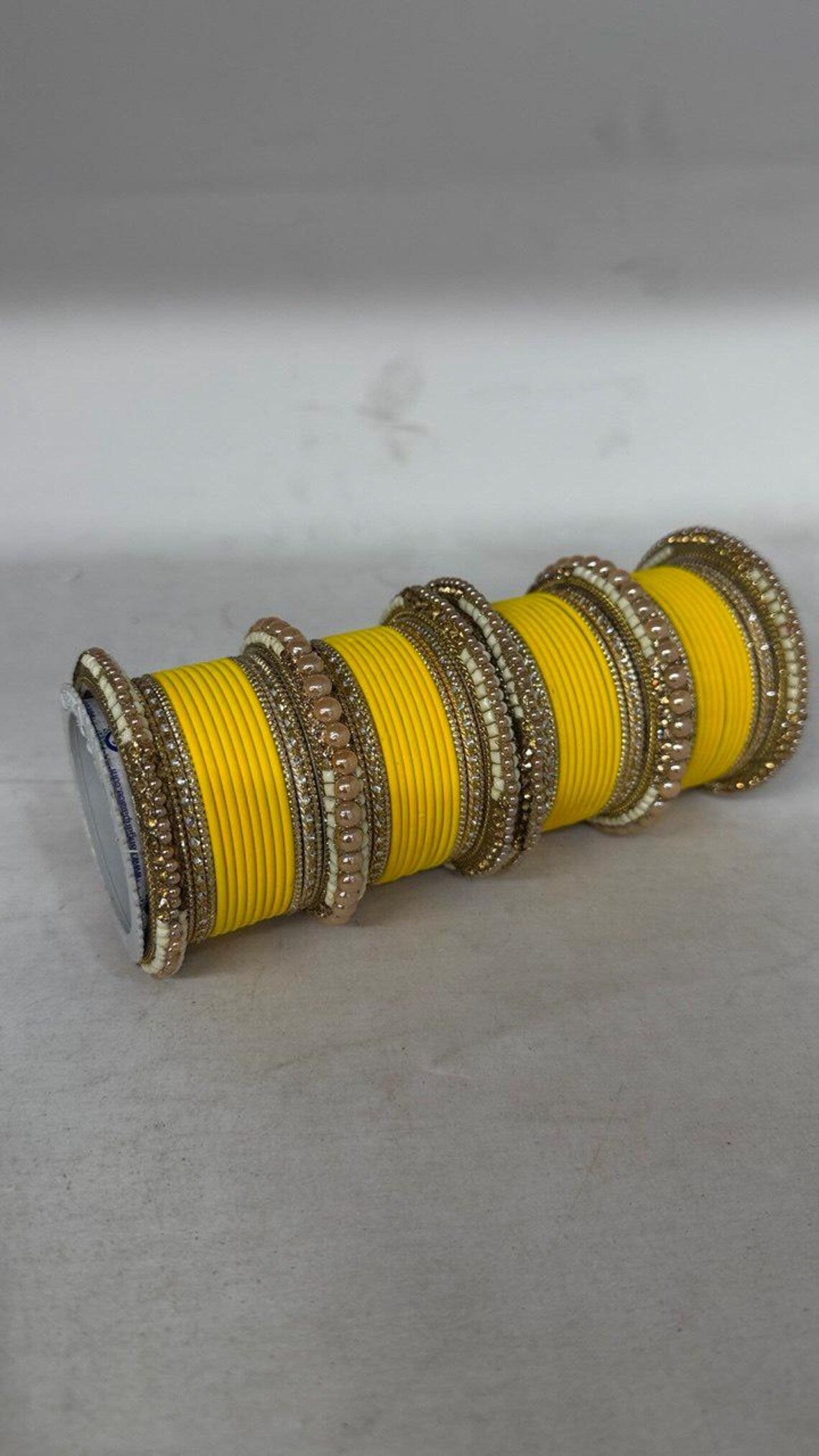 1186- Haldi Yellow Velvet Bangle Set for Both Hands – Antique Gold Bridal