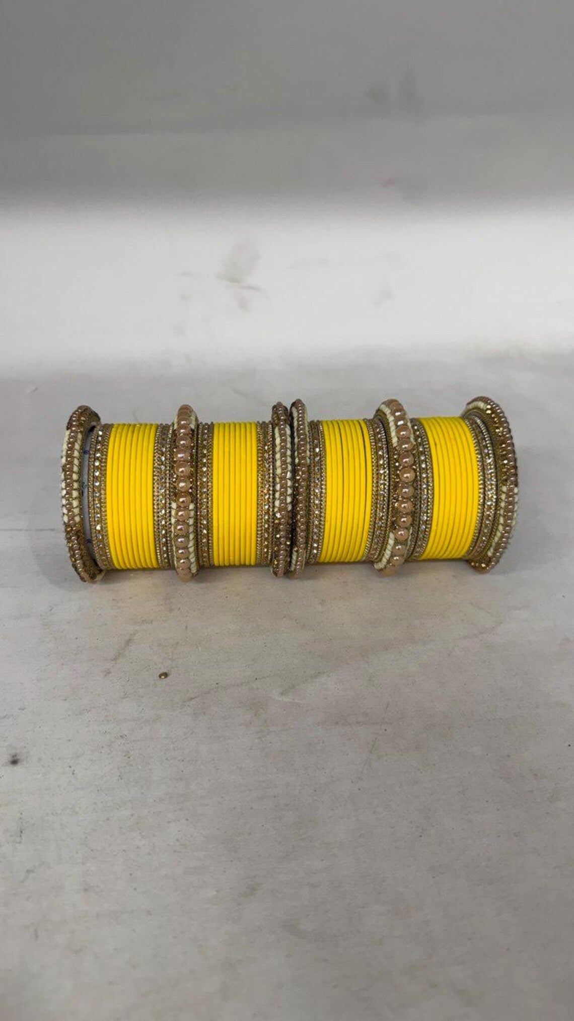 1186- Haldi Yellow Velvet Bangle Set for Both Hands – Antique Gold Bridal