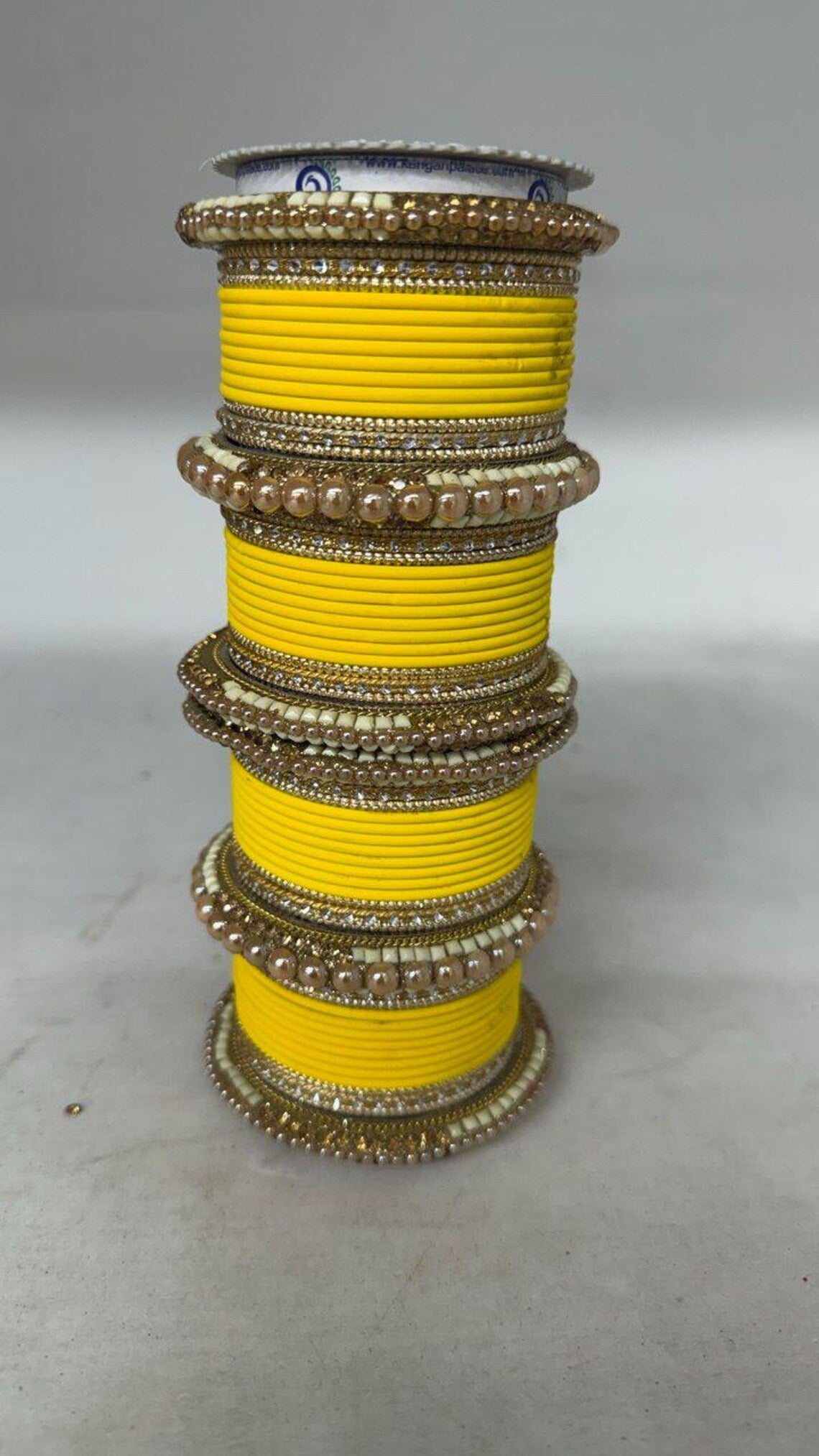 1186- Haldi Yellow Velvet Bangle Set for Both Hands – Antique Gold Bridal