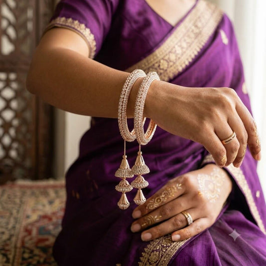 1940RG - Set of 2 Rose Gold Rhinestone Studded Kada Bangles with Hanging Jhumki Latkan