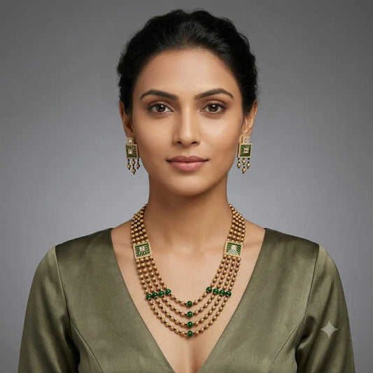 S29 - Antique Gold Plated Multi-Layer Beaded Rani Haar Necklace Set with Matching Earrings