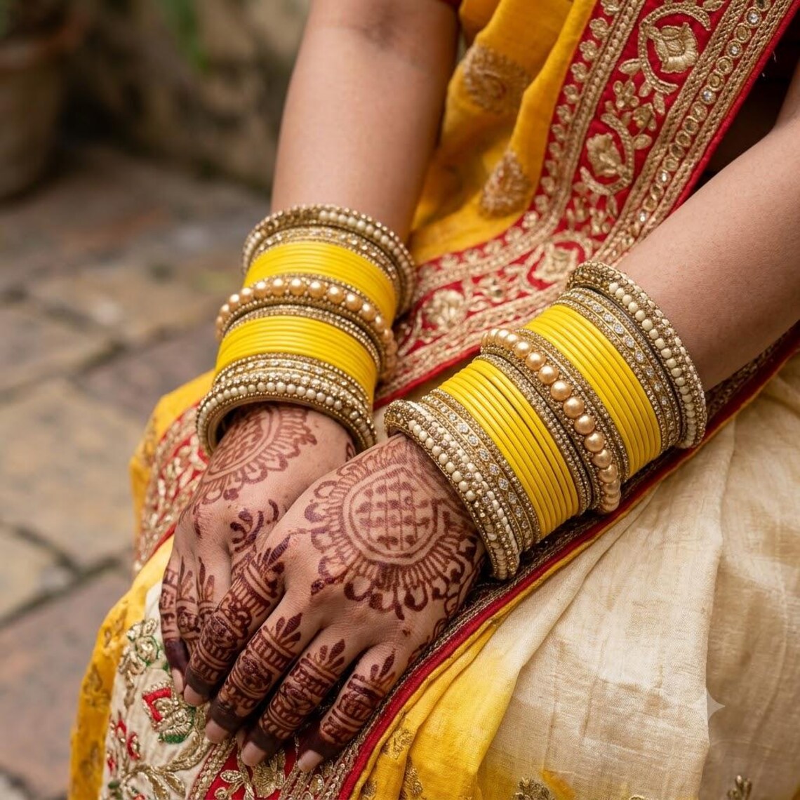 1186- Haldi Yellow Velvet Bangle Set for Both Hands – Antique Gold Bridal