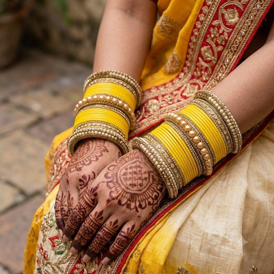 1186- Haldi Yellow Velvet Bangle Set for Both Hands – Antique Gold Bridal