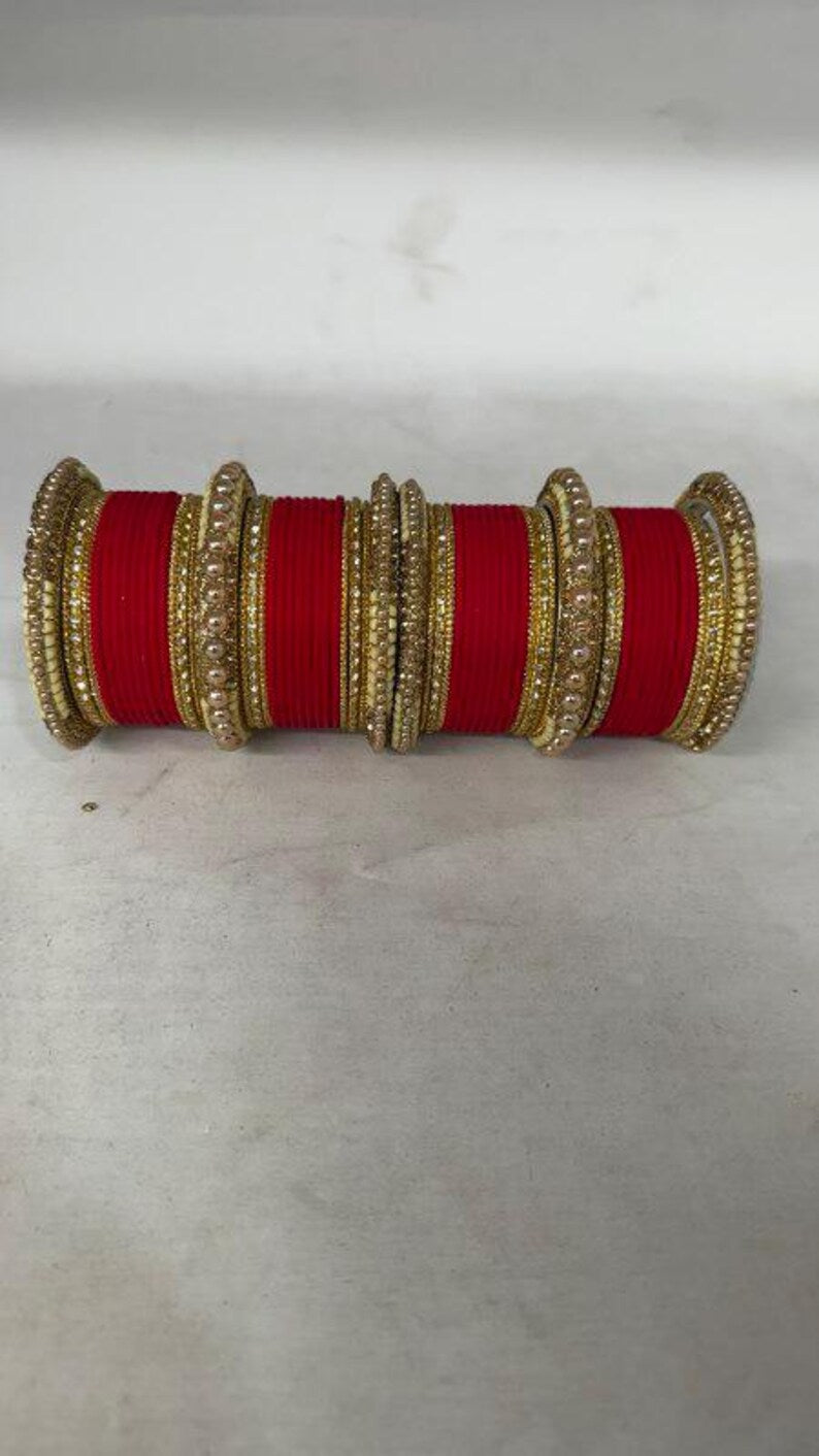 1186- Red Velvet Bangle Set for Both Hands – Antique Gold Pearl Beaded Bridal