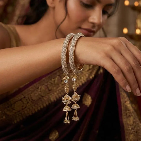 1798GW - Indian American Diamond Bridal Accent Kadas for Weddings with Hanging Crystal Latkan Drops