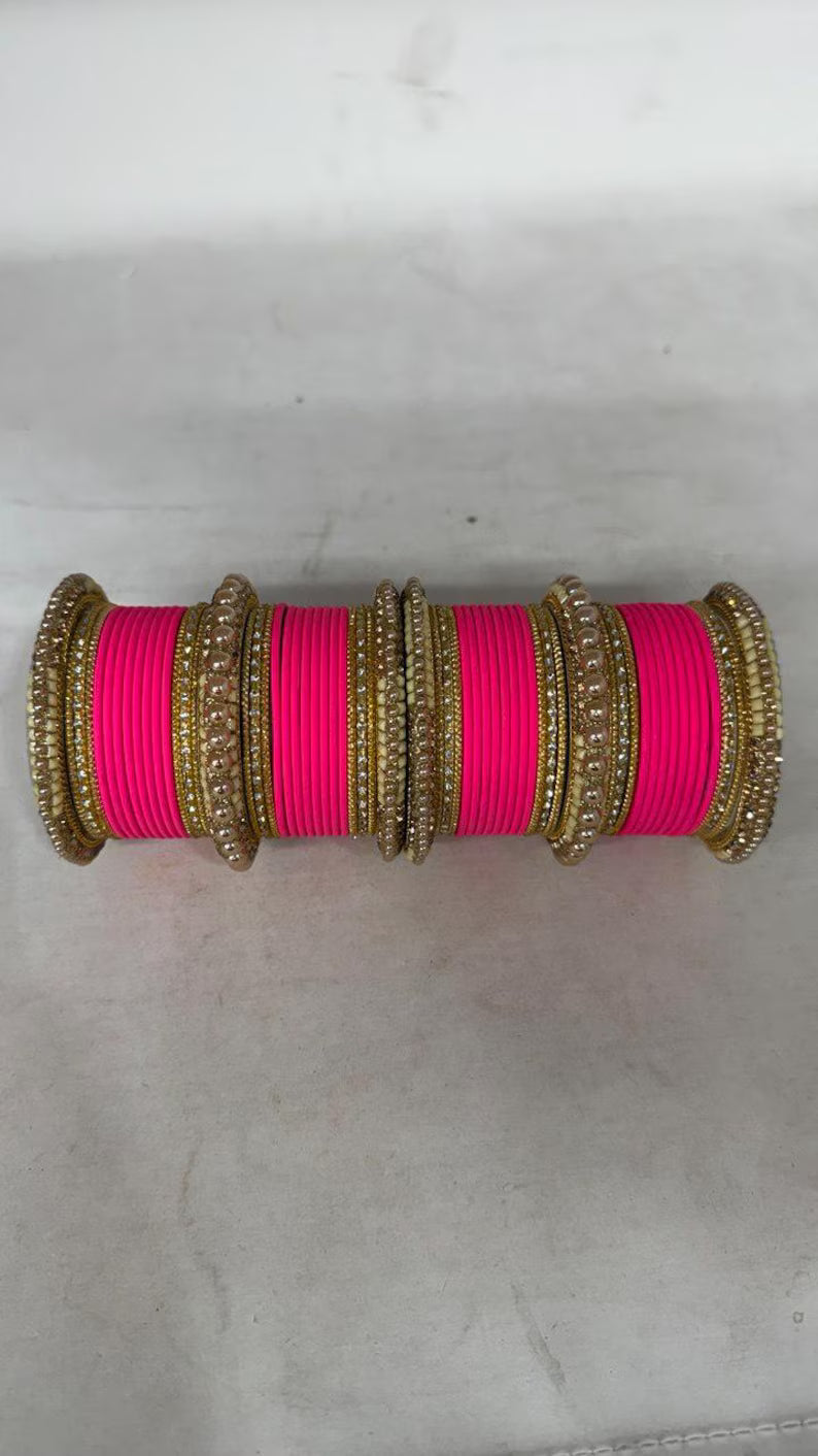 1186- Hot Pink Velvet Bangle Set for Both Hands – Antique Gold Bridal