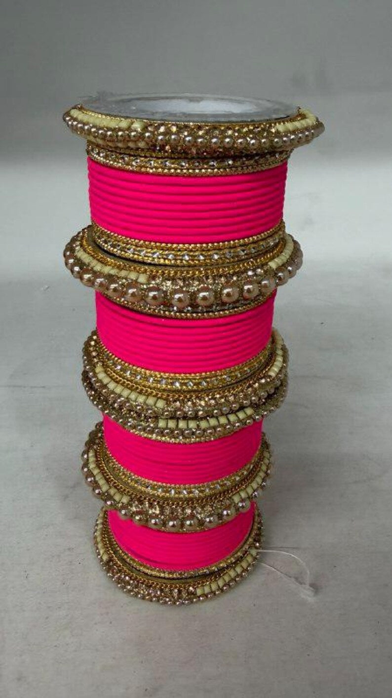 1186- Hot Pink Velvet Bangle Set for Both Hands – Antique Gold Bridal
