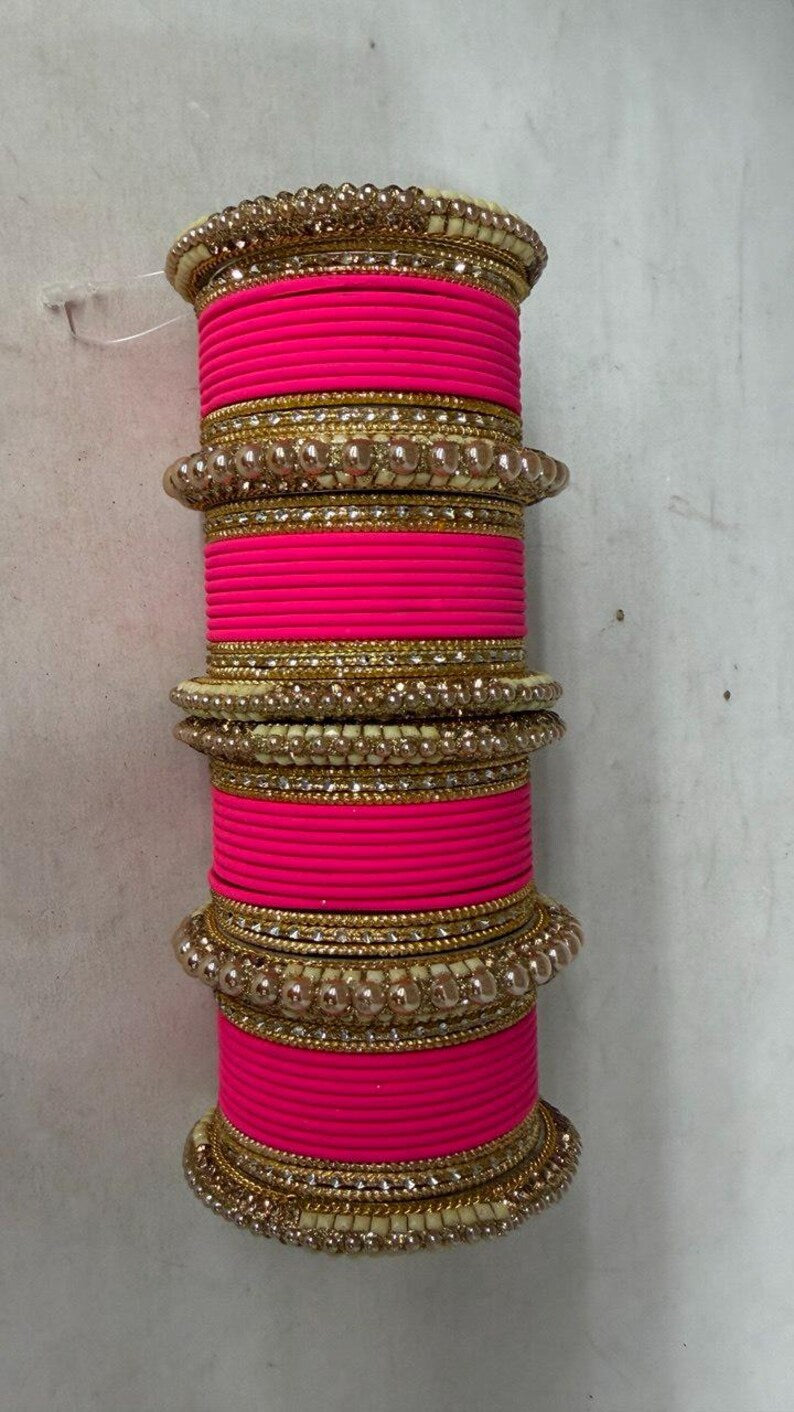 1186- Hot Pink Velvet Bangle Set for Both Hands – Antique Gold Bridal