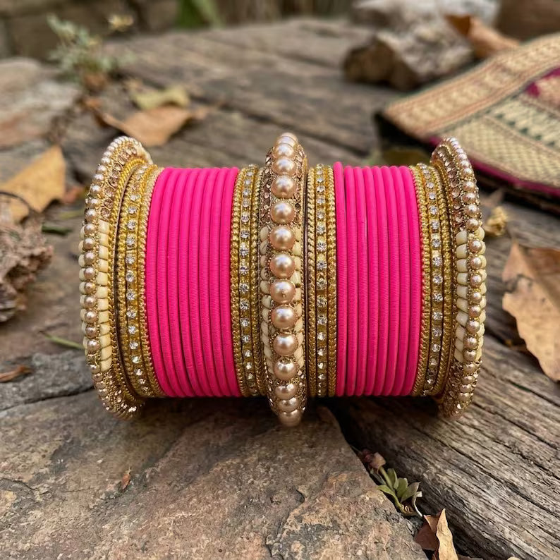 1186- Hot Pink Velvet Bangle Set for Both Hands – Antique Gold Bridal