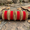 1186- Red Velvet Bangle Set for Both Hands – Antique Gold Pearl Beaded Bridal