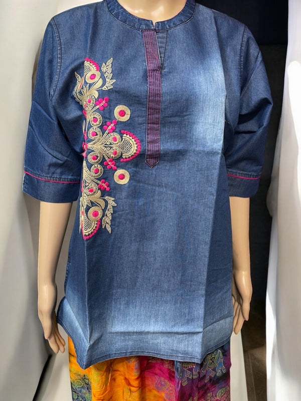 Top19 - Handcrafted Denim Kurti – Floral Embroidery & Festive Flair