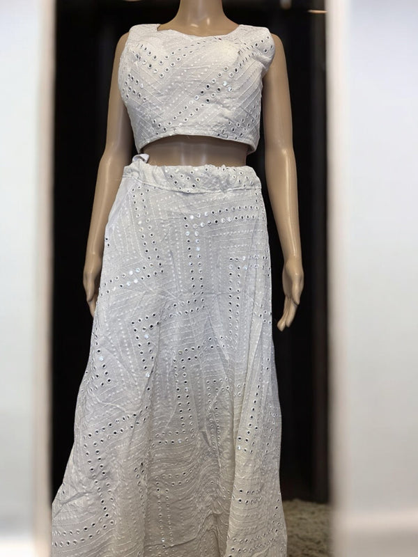K22 - White Eyelet Embroidered Lehenga Choli Set Scoop Neck Crop Top & Flared Skirt