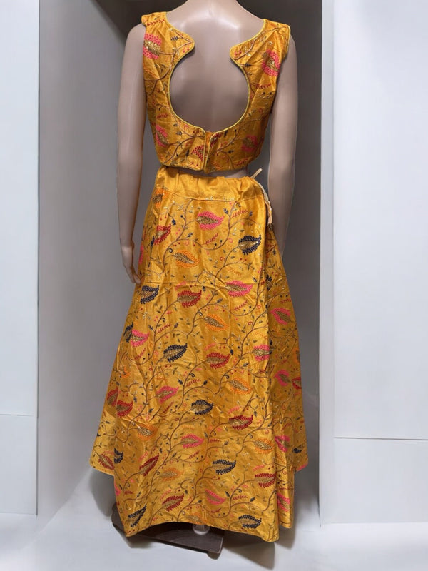 K11 - Mustard Yellow Embroidered Lehenga Choli Set – Sleeveless Crop Top & Flared Skirt