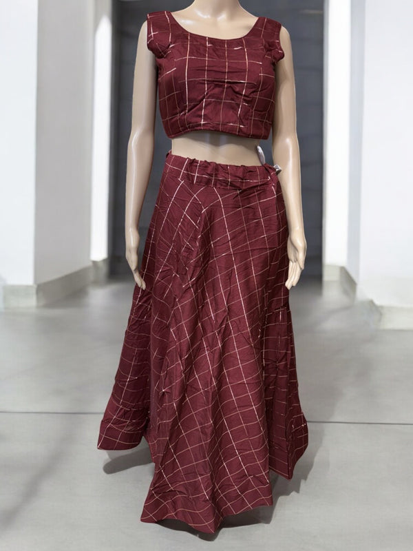 K20 - Maroon Checkered Lehenga Choli Set – Sleeveless Indian Festive Wear for Diwali