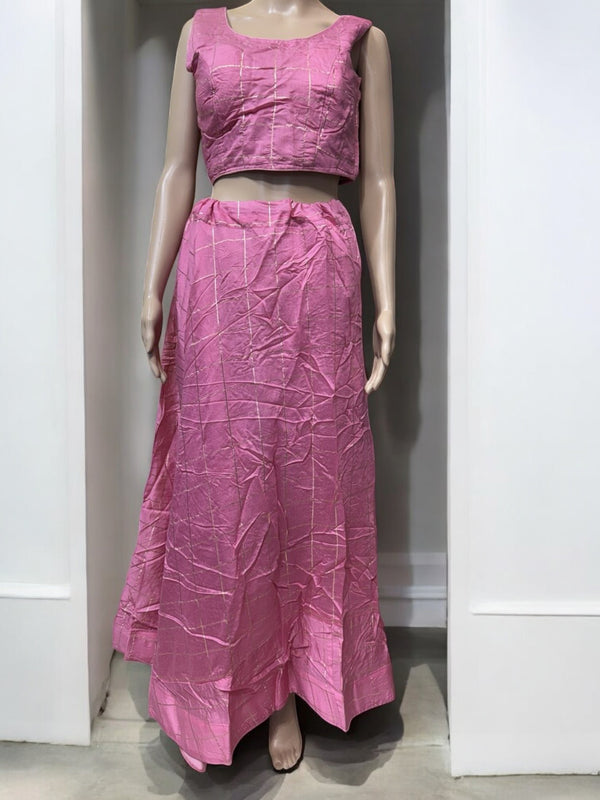 K19 - Pink Checkered Lehenga Choli Set – Sleeveless Indian Festive Wear for Diwali