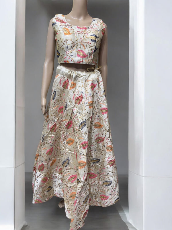 K21 - Beige Floral Embroidered Lehenga Choli Set - Indian Festive Wear for Wedding