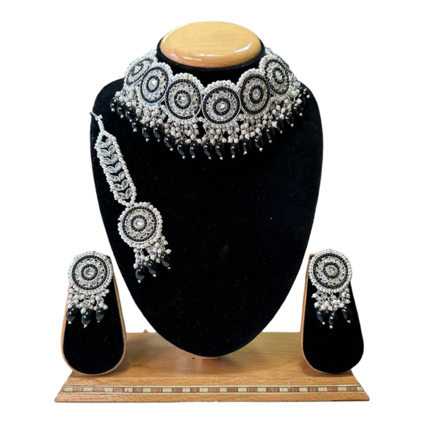 Silver Polish Polki Reverse AD Choker Necklace Earrings And Mang Tikka Set #pc6