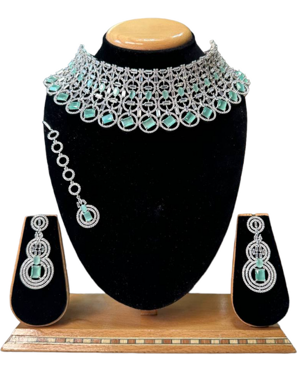 Silver Bridal Necklace Set With Uncut American Diamond CZ & Mint Green Stones BS12