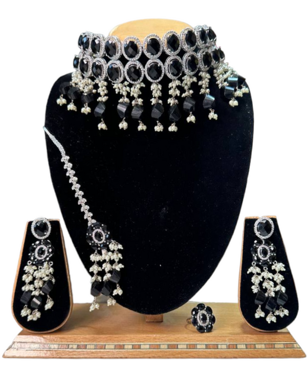 Silver Flexible Bridal Necklace Set With American Diamond CZ & Black Stones BS14