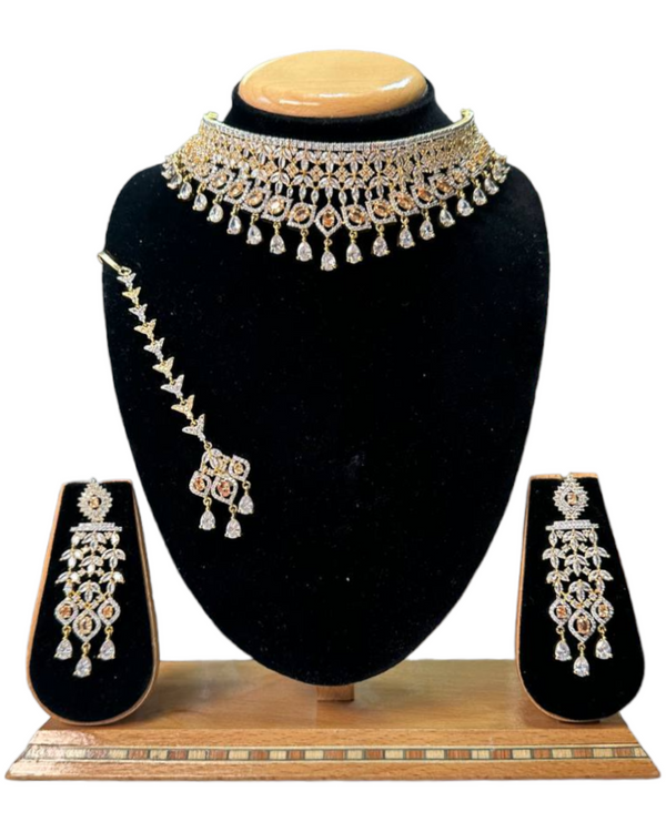 Gold Plated Choker Set With American Diamond CZ & Uncut Champagne Stones ADC27