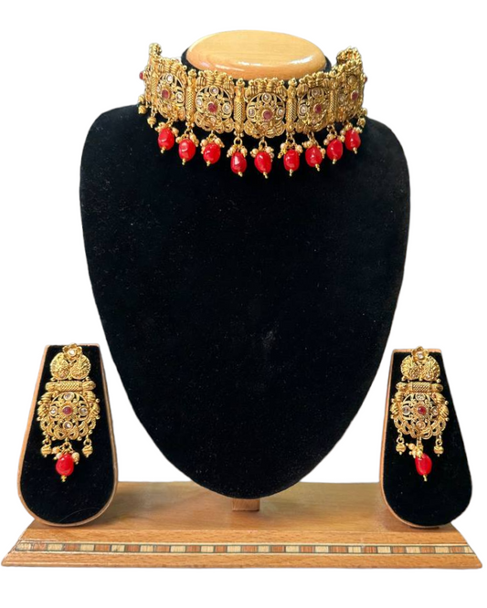 Gold Plated Polki Reverse AD Flexible Choker Necklace & Earrings Set #RADC14