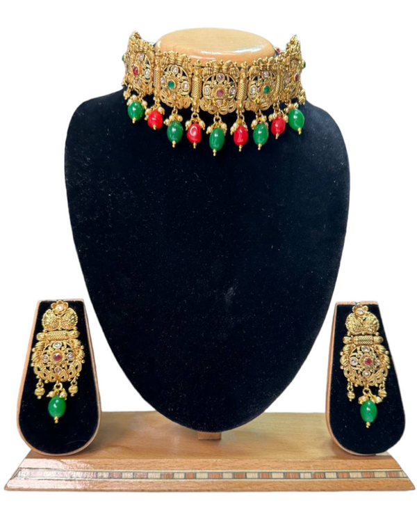 Gold Plated Polki Reverse AD Flexible Choker Necklace & Earrings Set #RADC14
