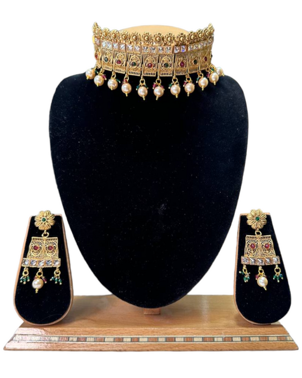 Gold Plated Polki Flexible Choker Necklace & Earrings Set With Reverse AD Multi Stones #RADC15