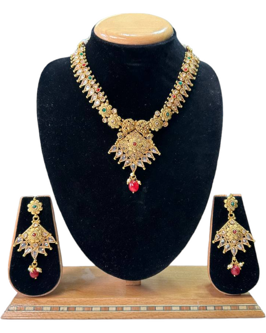 Gold Plated Polki Necklace & Earring Set With Reverse AD Multi Stones #RAD68