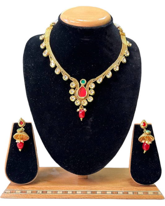 Gold Plated Kundan Necklace & Earring Set With Pearl Drops #RAD51