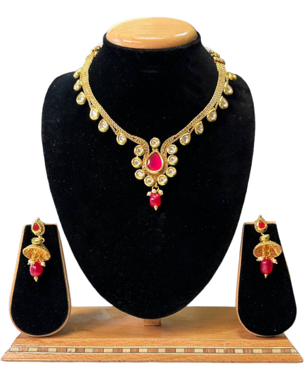 Gold Plated Kundan Necklace & Earring Set With Pearl Drops #RAD51